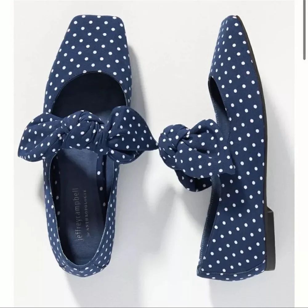 Anthropologie Jeffrey Campbell Printed polka-dot Bow Flats sz 8 navy w/white NEW